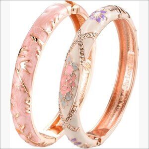 Cloisonne Enamel Flower Hinge Cuff Bangle Bracelet Set